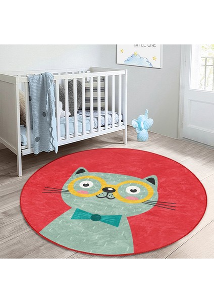 Renkli Kedi Çocuk & Genç Odası Makinede Yıkanabilir Kaymaz Tabanlı Yuvarlak Çocuk Halısı