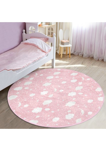 Pembe Zeminde Beyaz Bulutlar Çocuk & Genç Odası Makinede Yıkanabilir Kaymaz Tabanlı Yuvarlak Çocuk Halısı