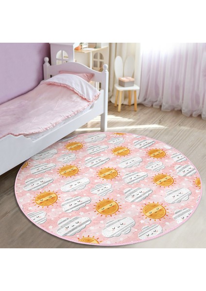Pembe Zeminde Güneş Ve Bulut Motifli Çocuk & Genç Odası Makinede Yıkanabilir Kaymaz Tabanlı Yuvarlak Çocuk Halısı