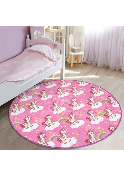 Gökkuşağı Ve Unicorn Motifli Çocuk & Genç Odası Makinede Yıkanabilir Kaymaz Tabanlı Yuvarlak Çocuk Halısı
