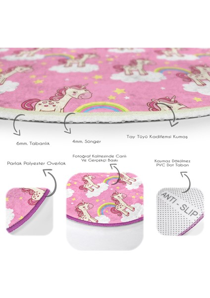 Gökkuşağı Ve Unicorn Motifli Çocuk & Genç Odası Makinede Yıkanabilir Kaymaz Tabanlı Yuvarlak Çocuk Halısı