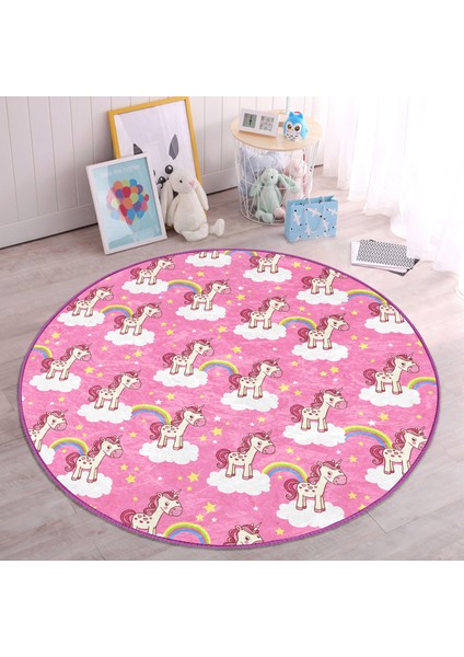 Gökkuşağı Ve Unicorn Motifli Çocuk & Genç Odası Makinede Yıkanabilir Kaymaz Tabanlı Yuvarlak Çocuk Halısı
