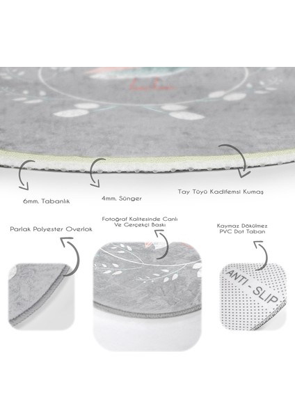 Gri Zemin I'm Beautiful Yazılı Baykuş Motifli Çocuk & Genç Odası Makinede Yıkanabilir Kaymaz Tabanlı Yuvarlak Çocuk Halısı
