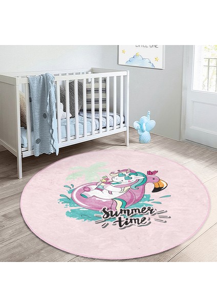 Pembe Zemin Tatil Temalı Unicorn Desenli Çocuk & Genç Odası Makinede Yıkanabilir Kaymaz Tabanlı Yuvarlak Çocuk Halısı