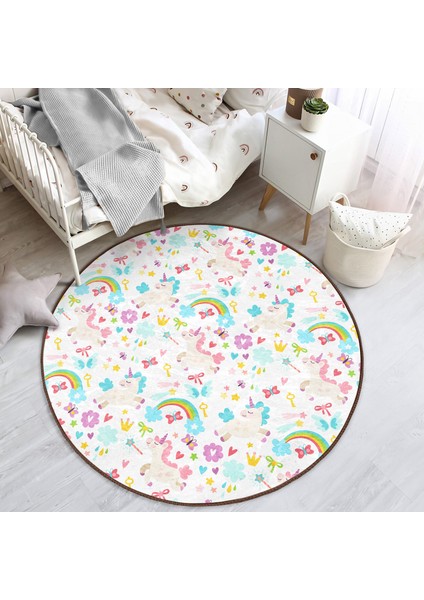 Sevimli Unicorn Ve Gökkuşağı Desenli Çocuk & Genç Odası Makinede Yıkanabilir Kaymaz Tabanlı Yuvarlak Çocuk Halısı