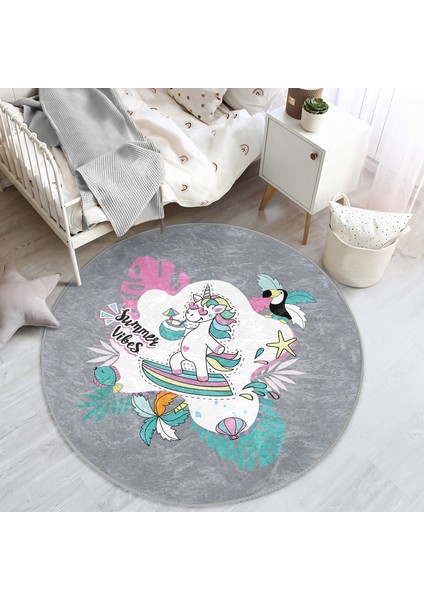 Gri Zemin Tatil Temalı Unicorn Desenli Çocuk & Genç Odası Makinede Yıkanabilir Kaymaz Tabanlı Yuvarlak Çocuk Halısı modelleri