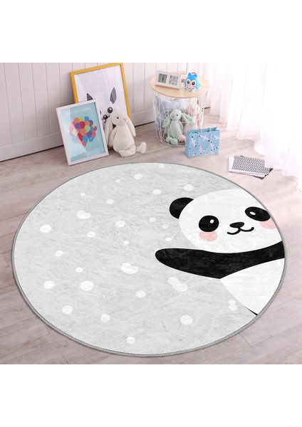 Gri Zeminde Panda Temalı Çocuk & Genç Odası Makinede Yıkanabilir Kaymaz Tabanlı Yuvarlak Çocuk Halısı modelleri