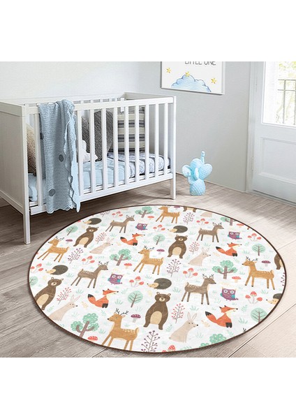 Sevimli Orman Hayvanları Desenli Çocuk & Genç Odası Makinede Yıkanabilir Kaymaz Tabanlı Yuvarlak Çocuk Halısı modelleri
