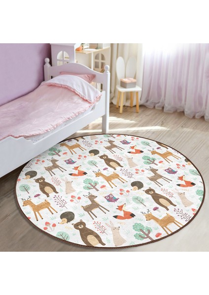 Sevimli Orman Hayvanları Desenli Çocuk & Genç Odası Makinede Yıkanabilir Kaymaz Tabanlı Yuvarlak Çocuk Halısı indirimleri