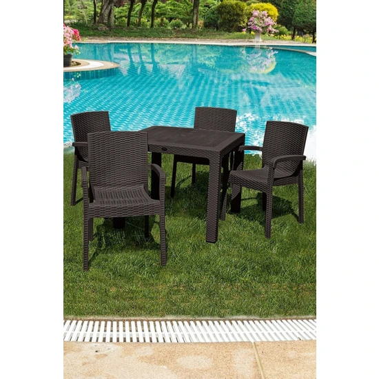 Çavdar Group Violet Rattan 90 x 90 cm Camsız Bahçe Balkon Teras Masa Takımı 4'lü Sandalye