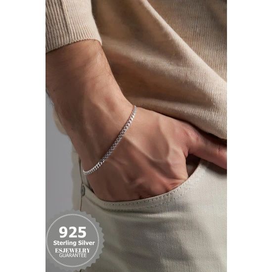 Esjewelry 925 Ayar Gümüş Gurmet Erkek Bileklik 4 mm Genişlik 21 cm Uzunluk
