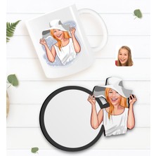 BK Kişiye Özel Kadın Karikatürlü Beyaz Kupa ve Ahşap Bardak Altlığı Hediye Seti-20