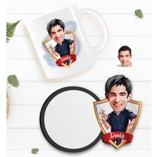 BK Kişiye Özel Erkek Polis Karikatürlü Beyaz Kupa ve Ahşap Bardak Altlığı Hediye Seti-2