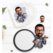 BK Kişiye Özel Erkek Patron Karikatürlü Beyaz Kupa ve Ahşap Bardak Altlığı Hediye Seti-3