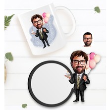 BK Kişiye Özel Erkek Doğum Günü Karikatürlü Beyaz Kupa ve Ahşap Bardak Altlığı Hediye Seti-3