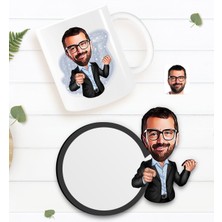 BK Kişiye Özel Amca Karikatürlü Beyaz Kupa ve Ahşap Bardak Altlığı Hediye Seti-1