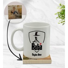BK Kişiye Özel Baba Godfather Tasarımlı Beyaz Kupa Bardak ve Ahşap Bardak Altlığı Hediye Seti - Model 15