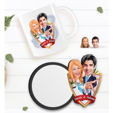 BK Kişiye Özel Evleniyoruz Karikatürlü Beyaz Kupa ve Ahşap Bardak Altlığı Hediye Seti-4