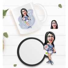 BK Kişiye Özel Kadın Tenis Oyuncusu Karikatürlü Beyaz Kupa ve Ahşap Bardak Altlığı Hediye Seti-1