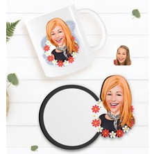 BK Kişiye Özel Kadın Karikatürlü Beyaz Kupa ve Ahşap Bardak Altlığı Hediye Seti-51