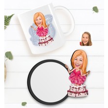 BK Kişiye Özel Kadın Doğum Günü Karikatürlü Beyaz Kupa ve Ahşap Bardak Altlığı Hediye Seti-1