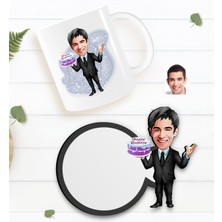 BK Kişiye Özel Erkek Doğum Günü Karikatürlü Beyaz Kupa ve Ahşap Bardak Altlığı Hediye Seti-2