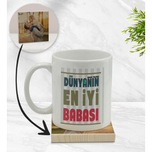 BK Kişiye Özel Dünyanın En Iyi Babası Tasarımlı Beyaz Kupa Bardak ve Ahşap Bardak Altlığı Hediye Seti - Model 1