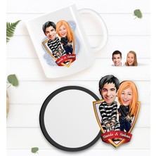 BK Kişiye Özel Sevgililer Karikatürlü Beyaz Kupa ve Ahşap Bardak Altlığı Hediye Seti-7