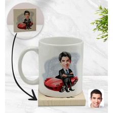 BK Kişiye Özel Baba Karikatürlü Beyaz Kupa Bardak ve Ahşap Bardak Altlığı Hediye Seti - Model 3