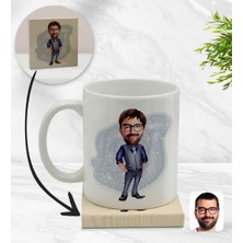 BK Kişiye Özel Baba Karikatürlü Beyaz Kupa Bardak ve Ahşap Bardak Altlığı Hediye Seti - Model 2