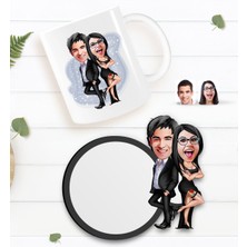 BK Kişiye Özel Sevgililer Karikatürlü Beyaz Kupa ve Ahşap Bardak Altlığı Hediye Seti-6