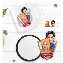 BK Kişiye Özel Sevgililer Karikatürlü Beyaz Kupa ve Ahşap Bardak Altlığı Hediye Seti-89