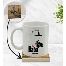 BK Kişiye Özel Baba Godfather Tasarımlı Beyaz Kupa Bardak ve Ahşap Bardak Altlığı Hediye Seti - Model 16
