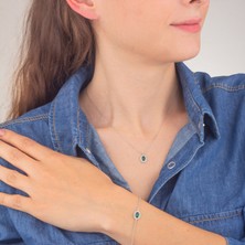 Ravza Gümüş 925 Ayar Gümüş Zümrüt Oval Model Kolye ve Bileklik Takı Seti