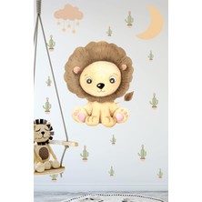 Msticker Sevimli Aslan Ay ve Kaktüsler Çocuk Bebek Odası Duvar Sticker Seti