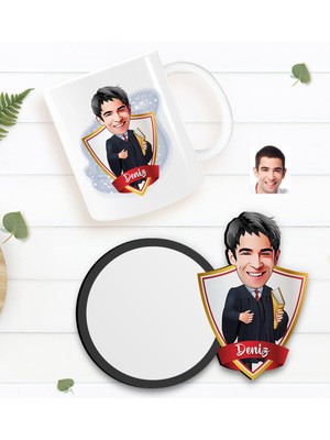 BK Kişiye Özel Erkek Avukat Karikatürlü Beyaz Kupa ve Ahşap Bardak Altlığı Hediye Seti-1