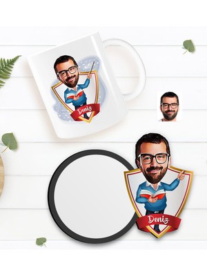 BK Kişiye Özel Erkek Öğretmen Karikatürlü Beyaz Kupa ve Ahşap Bardak Altlığı Hediye Seti-2