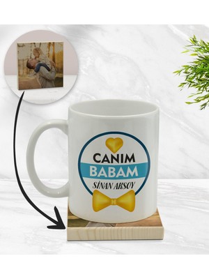 BK Kişiye Özel Canım Babam Tasarımlı Beyaz Kupa Bardak ve Ahşap Bardak Altlığı Hediye Seti - Model 1
