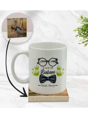 BK Kişiye Özel Canım Babam Tasarımlı Beyaz Kupa Bardak ve Ahşap Bardak Altlığı Hediye Seti - Model 5