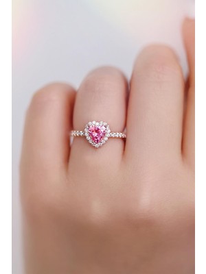 Crystal Diamond Zirconia Labaratuvar Pırlantası 1 Carat Pembe Kalp Tektaş Yüzük