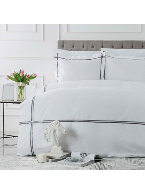 Karaca Home White Collection Valse Gri Saten Şeritli Percale Çift Kişilik Nevresim Takımı