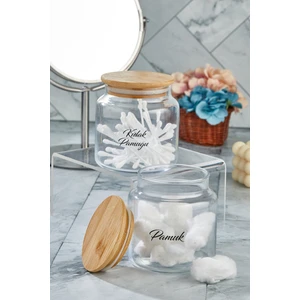 Fbz Home Cam Dekoratif Bambu Kapaklı Kulak Pamuğu ve Pamuk Kavanozu 500 ml Şeffaf Etiketli