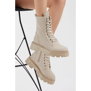 Tonny Black Kadın Krem Cilt Rahat Kalıp Bağcıklı Uzun Bot