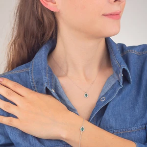 Ravza Gümüş 925 Ayar Gümüş Zümrüt Oval Model Kolye ve Bileklik Takı Seti