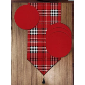 Pusula Home Kırmızı Ekoseli 6'lı Supla ve Runner Set