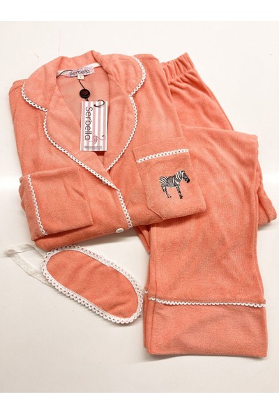 Serbella Mercan Rengi Zebra Nakışlı Pijama Takımı Xl