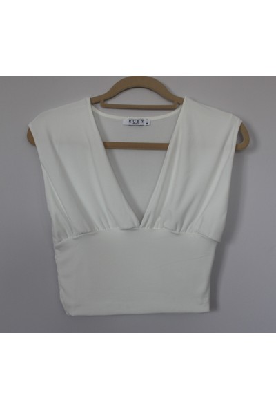 AD-AY Beyaz Sandy Derin V Yaka Crop Bluz