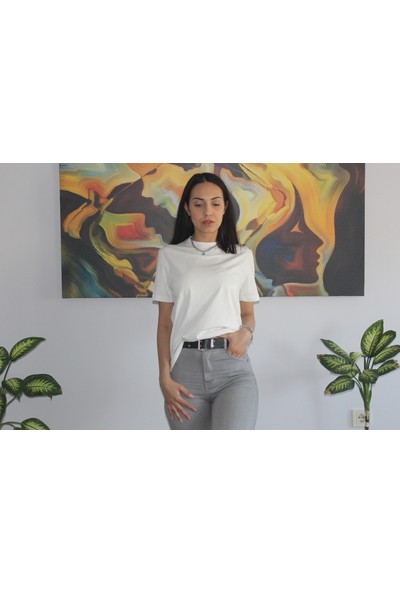AD-AY Ekru %100 Pamuk Bisiklet Yaka Basic T-Shirt