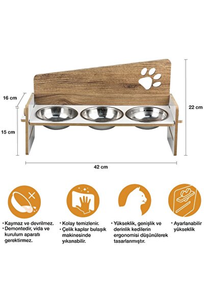 Odun Concept 3lü Yükseklik Ayarlı Kedi ve Küçük Irk Köpek Mama ve Su Kabı Çelik Kaseli Ahşap Başlıklı Beyaz