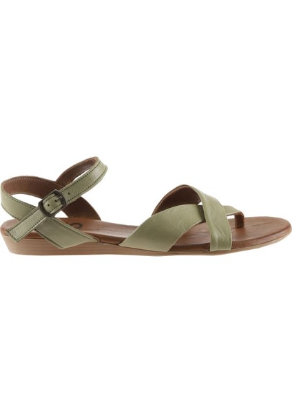 Haki Deri Kadın Düz Sandalet